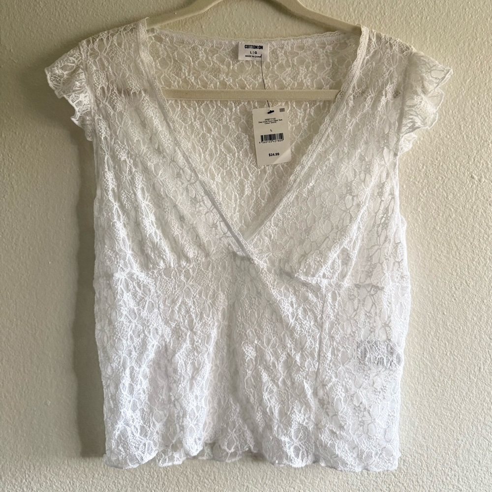 CottonOn white lace see through short sleeves top